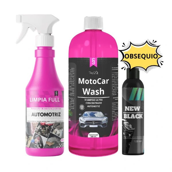 KIT CUIDADO AUTOMOTRIZ + OBSEQUIO RESTAUTADOR DE PARTES NEGRAS